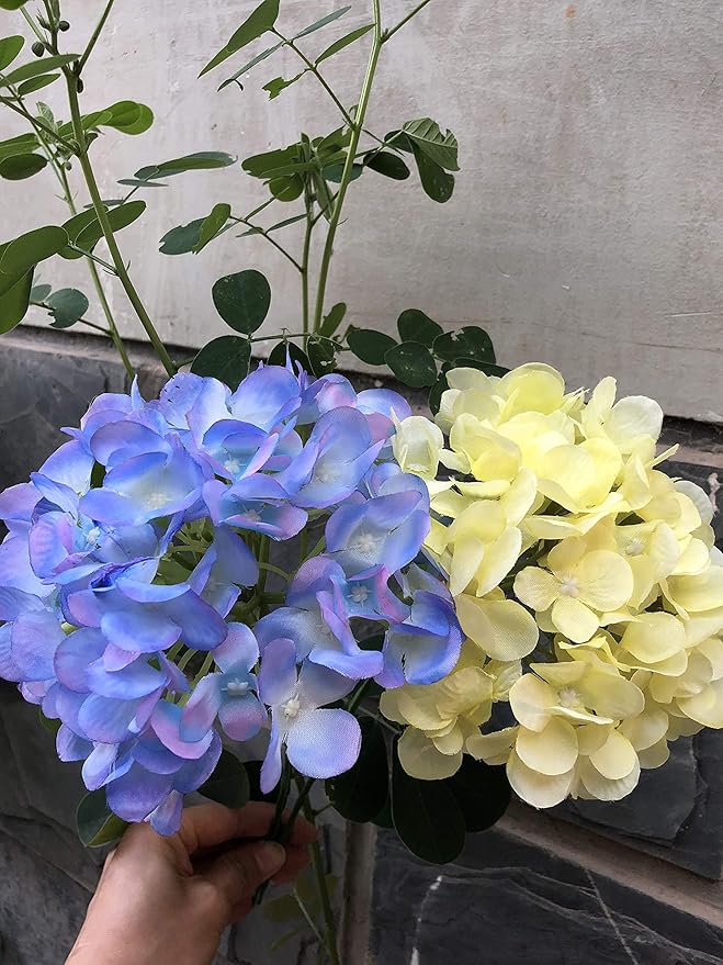 10PCS Silk Hydrangea Heads with Stems Artificial Flowers for Wedding Party Home Decor-Yellow