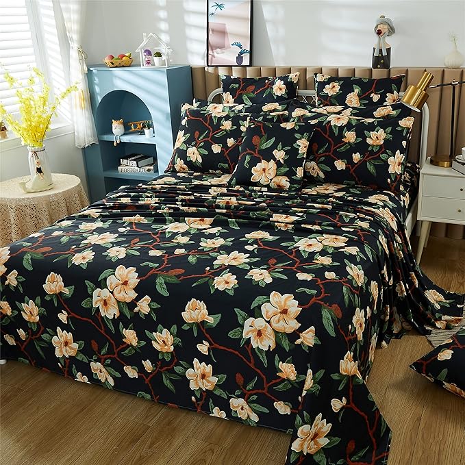 FADFAY Sheets Set King Shabby Black and Yellow Floral Bedding Elegant Peony Sheets Set Vintage Farmhouse Bedding Soft 100% Egyptian Cotton 800 Thread Count Deep Pocket Fitted Sheet, 4Pcs-King Size