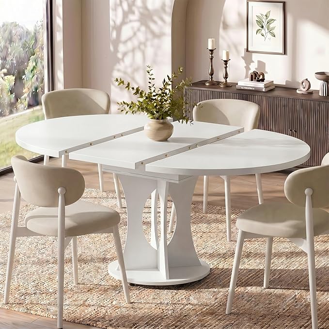 Einhomn 43-59" Extendable Round Dining Table, Kitchen Table for 4-8, Farmhouse Circle Dining Room Table with Removable Leaves, Hidden Storage, Space Saving Wood Kitchen & Dining Room Furniture, White