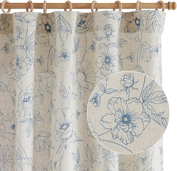 jinchan Floral Linen Curtains for Living Room 84 Inch Length Blue Flower Curtain Rod Pocket Back Tab Farmhouse Curtains with Printed Floral Bedroom Window Curtain Set, 2 Panels Blue