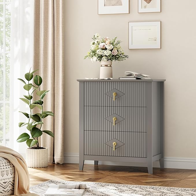 GarveeHome Wood Nightstand Fluted Dresser for Bedroom, 27.5" Wide 3-Drawer Bedside Tables, Modern Chest of Drawers, Storage End Table Living Room, Hallway, Entryway, Grey