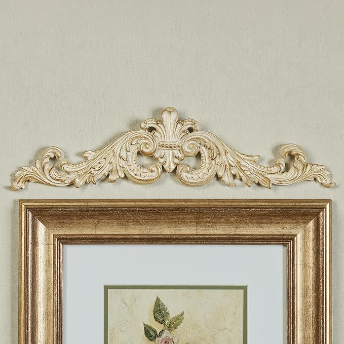 Salvatar Wall Art Topper | Wide Picture Design | Ivory and Metallic Gold Finish | Openwork Acanthus Leaf Scrolls with Ornate Fleur De Lis | Hang Alone or Above Artwork or Framed Family Photographs