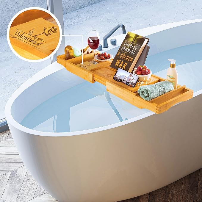 Personalized Bathtub Tray - Custom Engraved Foldable Bamboo Bath Caddy, Expandable Tub Tray Bath Table, for Mom Personalized Mom Birthday Gift, for Wife Gift for Her