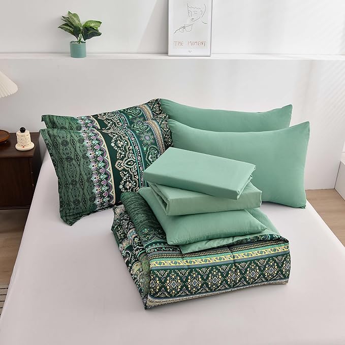 Boho Green Comforter Set Queen Size,8 Piece Bed in a Bag Bohemian Striped Bedding Quilt Set,Dark green Paisley Floral Comforter and Sheet Set,Soft Microfiber Complete Bedding Sets for All Season