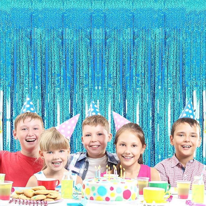 2 Pack 3.2ft x 8.2ft Blue Foil Fringe Curtains Photo Backdrop Party Decorations, Metallic Tinsel Foil Fringe Streamer Curtain for Party Door Wall Curtain Bachelorette Christmas New Year Decorations