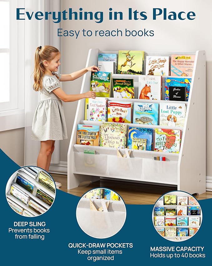 SEIRIONE Sturdy Kids Bookshelf,4-Tier Book Shelf for Kids Room with Tear-Proof Oxford Fabric-Nursery Room Playroom Classroom,Deep Slings to Keep Books Upright,Ideal Height for Toddler Age 3+, White