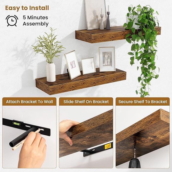 Fun Memories Floating Shelves Bathroom for Wall Mounted Shelves, 20 Inch Wood Shelf Set of 2, Home Storage & Display Decor, Rustic Brown