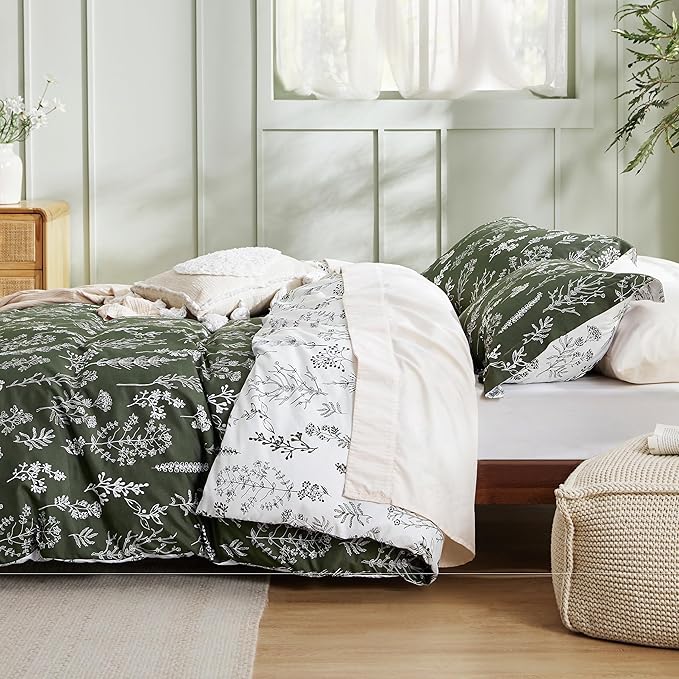 Bedsure Full Comforter Set - Dark Olive Green Bed Set, 3 Pieces Cute Floral Bedding, 1 Soft Reversible Botanical Flowers Comforter and 2 Pillow Shams