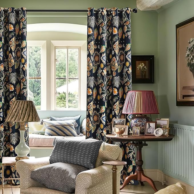 XiDi Navy Blue Blackout Curtains 90 Inches Long with Vintage Floral Leaf Patterned for Bedroom 2 Panels Room Darkening Thermal Insulated Mid Century Modern Curtains Grommet Drapes Home Decor 52x90