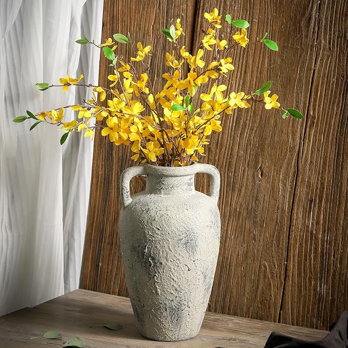 Large Vase with Handle - Ceramic Rustic Vase, 11.41 inch Tall Terracotta Flower Vase with 2 Handles, Decorative Vases for Home Decor, Dining Table, Living Room, Kitchen, Office