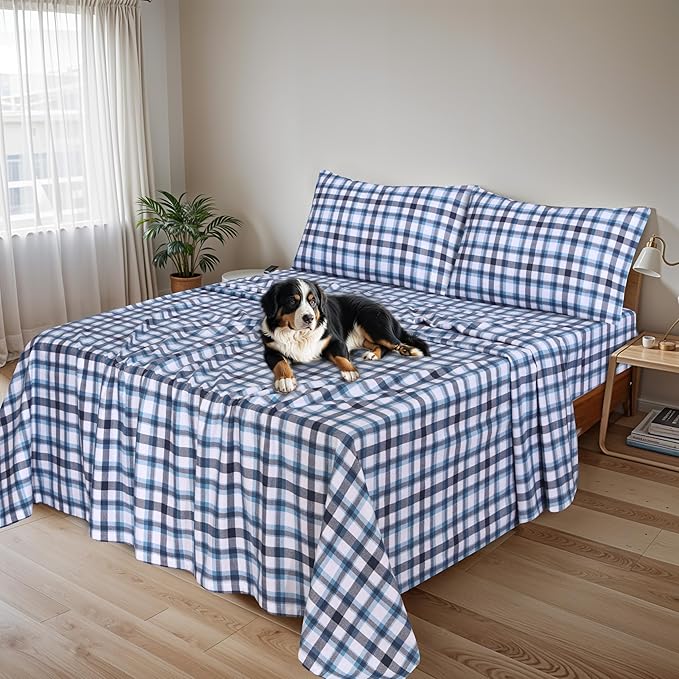 RUVANTI Flannel Sheets Queen Size - 100% Cotton Double Brushed Bed Sheets, Deep Pockets 16 Inches Queen Sheet Set, All Seasons Breathable & Extra Soft - Warm & Cozy, 4 Piece, Gingham Addition