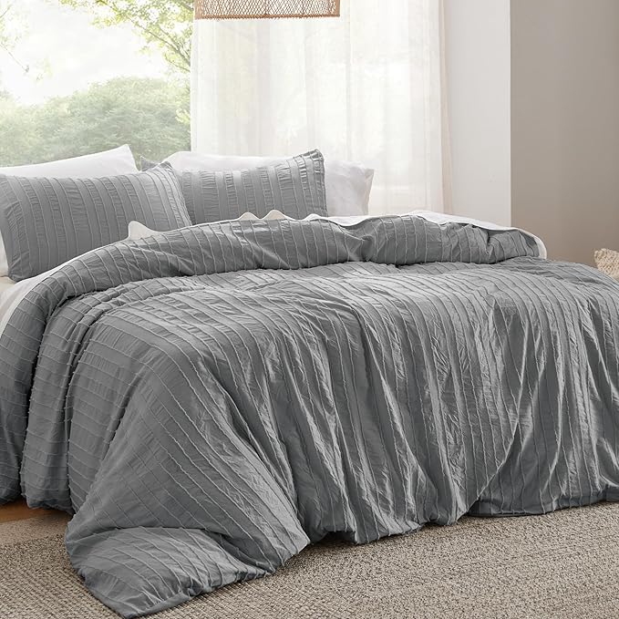 Bedsure Striped Boho Duvet Cover King Size - Shabby Chic Tufted Boho Bedding Set, 3 Pieces Shabby Chic Home Bedding for All Seasons, Includes 1 King Duvet Cover & 2 Pillowcases (Grey, 104" x 90")