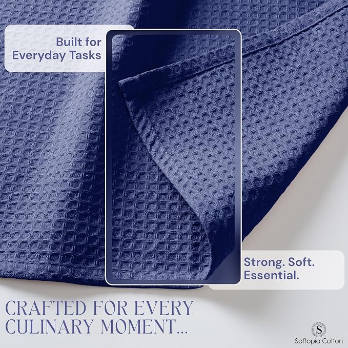 Waffle Weave Dish Towels 12 Pack, 16x26 Inches, Quick Dry Towels for Kitchen, Reusable, Absorbent Wash Cloths Set, Washable Fabric, Heavy Duty for Daily Use - Indigo Blue