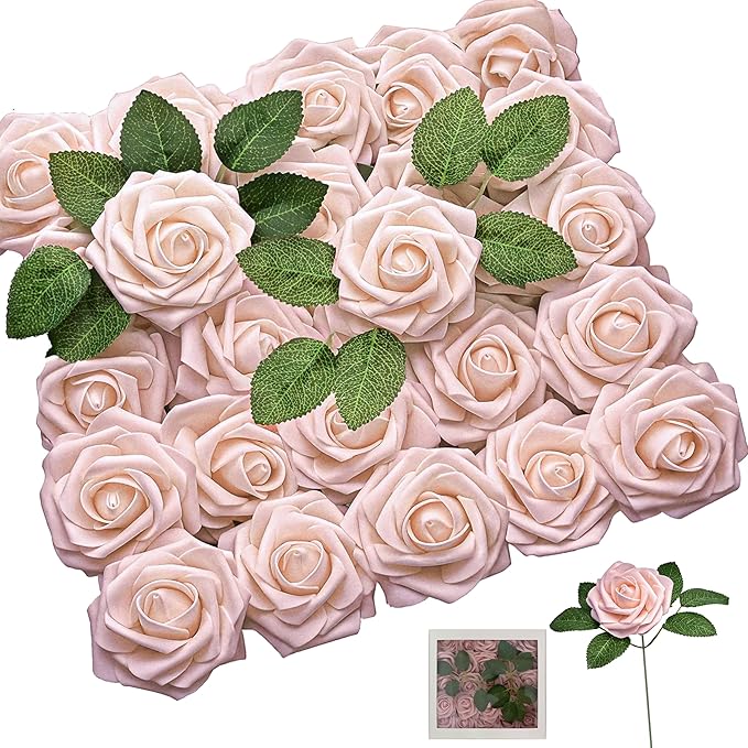Blush Pink Artificial Roses 25pcs, Real Looking Fake Flowers with Stems for DIY Wedding Centerpieces, Bridal Shower, Party, Valentine's Day Gift, Home Decor