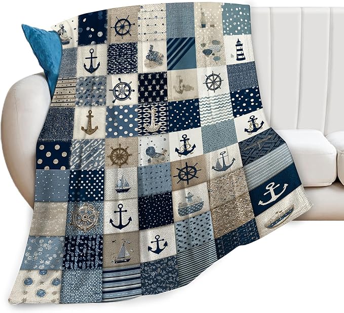 Nautical Blanket Ocean Sea Throw Blanket Sailboat Anchor Soft Cozy Fleece Fuzzy Stuffed Plush Flannel Gifts for Girls Women Boys Kids Adults 40''x50''