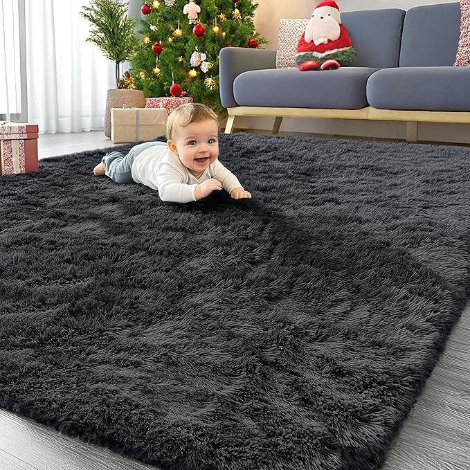 OLANLY 7x8 Machine Washable Large Area Rugs for Living Room, Bedroom, Soft Fluffy Shaggy Bedside Rug, Indoor Floor Carpet for Kids Girls and Boys, Dorms, Nursery, Home Decor Aesthetic, Black