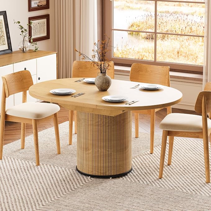 Extendable Round Dining Table for 4-8, 43in-59in Modern Wood Dining Room Table with Removable Leaves, Extendable Dinner Tables w/Heavy Duty Base for Kitchen|Living Room|Small Space, Natural