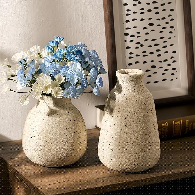 Ceramic Vase Set of 2 for Home Decor, Handcrafted Sesame Dot White Rustic Terracotta Vases, Vintage Farmhouse Decor, Minimalist Decorative Vases for Table Centerpiece Fireplace Nightstand Decoration