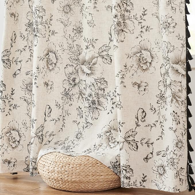 JINCHAN Linen Blend Floral Curtains for Living Room & Bedroom - 84 Inch Long Printed Curtains with Tassels & Rod Pocket - Farmhouse Rustic Peony Flower Patterned Drapes - 2 Panels