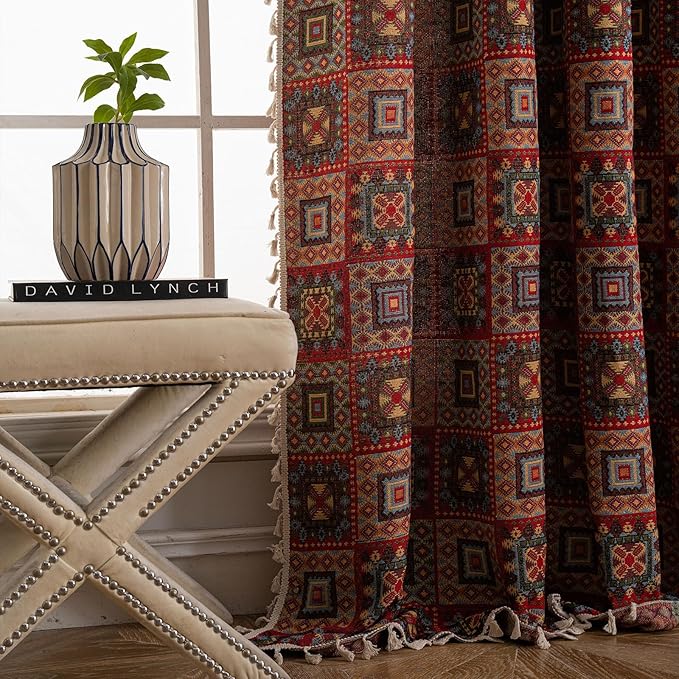 ENJOYBRIDAL Patchwork 84 Inch Curtains for Living Room Boho Drapes Bedroom Jacquard Bohemian Floor Length Window Curtains 2 Panels Semi Sheer Rod Pocket Red Cute Geometric Patterned Window Treatments