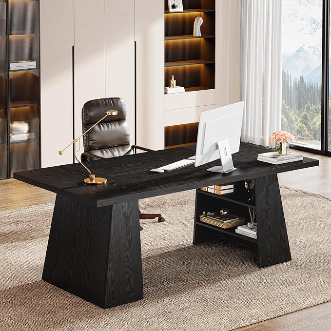Tribesigns 63-Inch Executive Desk, Modern Black Office Desk with Double Pedestal and Storage Shelves, Simple Large Computer Writing Conference Table Workstations Business Furniture for Home Office