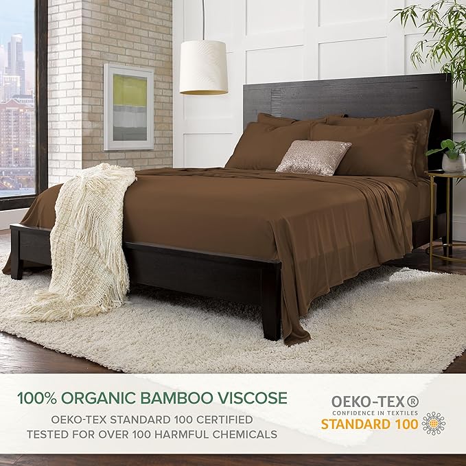 Pure Bamboo Split King Sheets, Genuine 100% Organic Viscose Derived from Bamboo Bed Sheet Set, Soft & Cooling, Double Stitching, 2 Fitted Sheets (Split King, Coconut Husk)