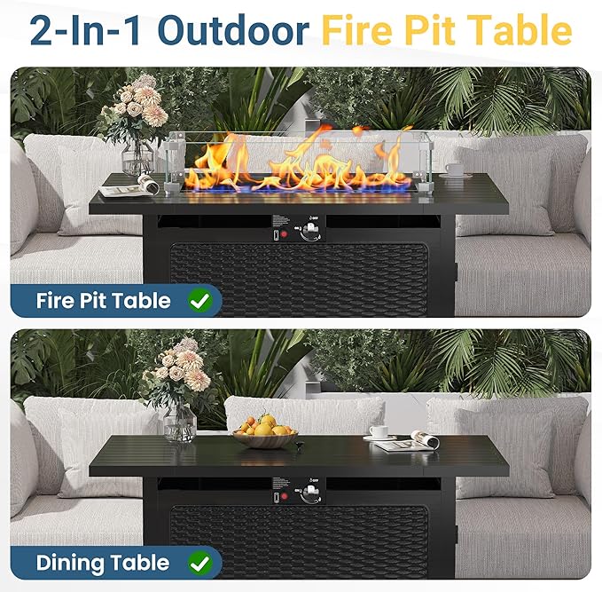 FansaFurn Black Propane Fire Pit Table, 50000 BTU Gas Fire Pits Table with Removable Lid and Lava Rock, Rectangular Fire Table with Cover, Ideal for Dining or Party on Patio, 43'', Garden, Yard