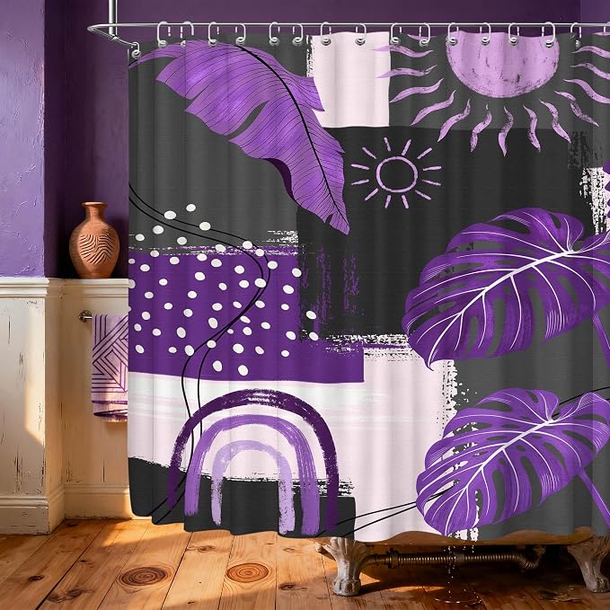 Extra Long Shower Curtain Extra Tall Purple and Gray Dark Purple and Grey XL Boho Shower Curtains for Large Bathroom Decor Sets, Waterproof Cloth Fabric with Hooks, 108x72 Inch