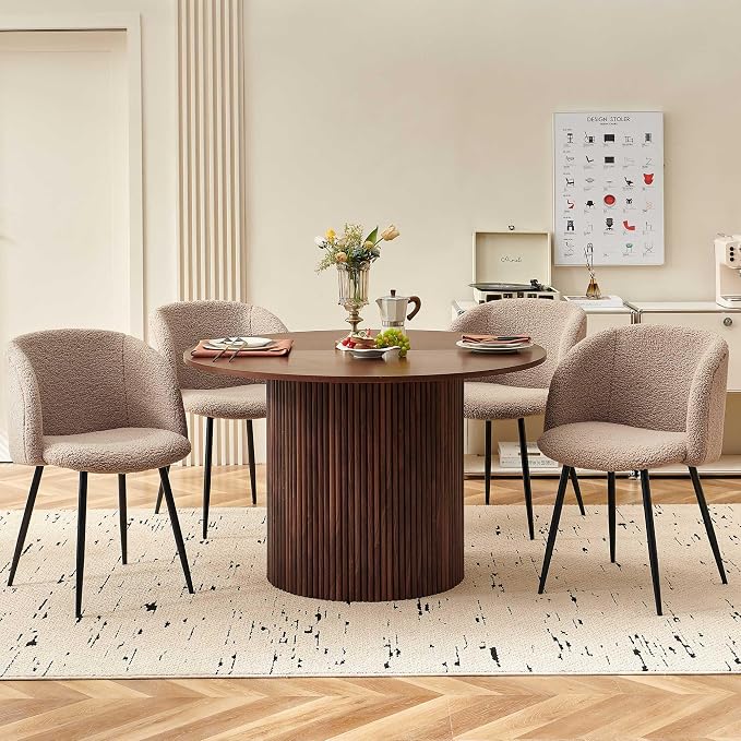 Homedot 47" Round Dining Room Table Walnut Wood Veneer Tabletop, Farmhouse Dinner Table with Two-Part Tabletop for 4-6, Rustic Circle Dining Table with MDF Strip Base for Kitchen Living Room