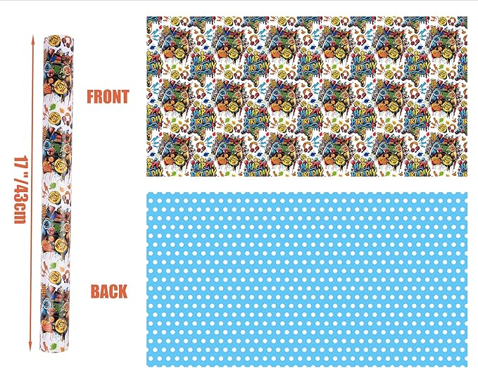 Altarho Reversible Birthday Gaming Wrapping Paper Roll - 17 Inch x 33 Feet - Video Game Birthday Gift Wrap for Game Lover Party