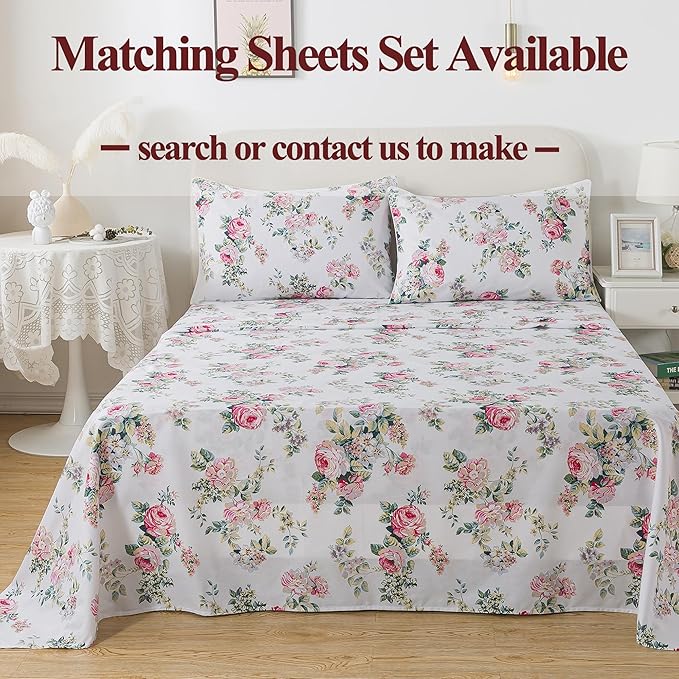 FADFAY Duvet Cover Set Twin XL Pink Rose Floral College Bedding Shabby Peony Flower Quilt Cover Set 100% Cotton Soft Comforter Cover Set with Hidden Zipper Closure 3Pcs, Twin XL Size for Dorm Room