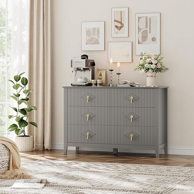 GarveeHome Fluted Dresser for Bedroom, 47.2 Inch Wide 6-Drawer Wood Dresser, Modern Chest of Drawers, Storage Organizer Cabinet for Living Room, Hallway, Entryway, Grey