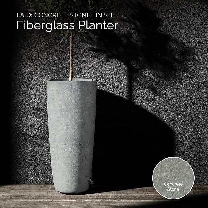 Lofto Tall Planter – Concrete Stone Finish – Fiberglass Indoor/Outdoor and Weather-Resistant Large Planter (16.5" D x 36.4" H Exterior, 15.3" D x 36.2" H Interior)