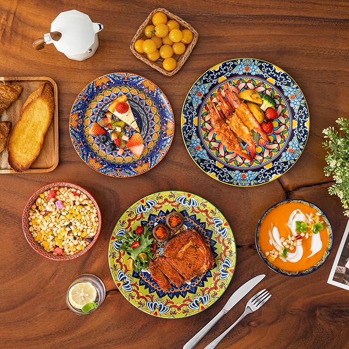 vancasso 18 Pieces Plates and Bowls Set, Bohemian Style Dinnerware Sets Service for 6, Porcelain Boho Dishes Set for Kitchen, Housewaring Gift, Dishwasher and Microwave Safe, Series KRVI