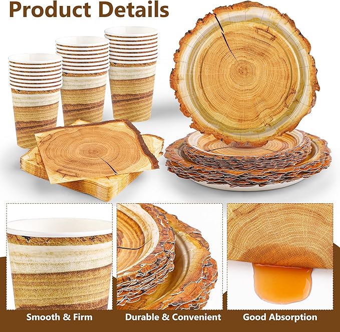 96 Pieces Camping Wood Grain Slice Tableware Set Rustic Wood Party Supplies Including Paper Plates Cups Napkins Serves 24 Guests for Hunting Baby Shower Lumberjack Birthday Party