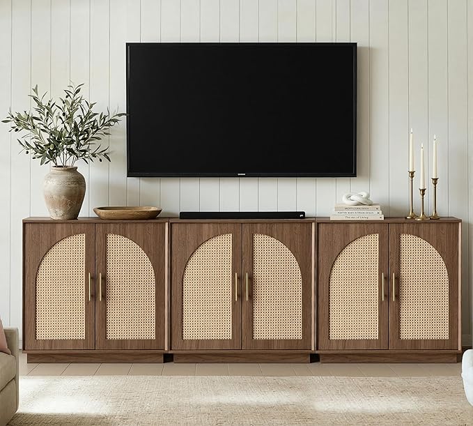 FORTUNETEC Sideboard Buffet Cabinet with Storage Set of 3, Modern Accent Cabinet with Rattan Arched Doors, Modular Media Console, Boho Credenza for Living Room Kitchen Dining Room Entryway, Walnut