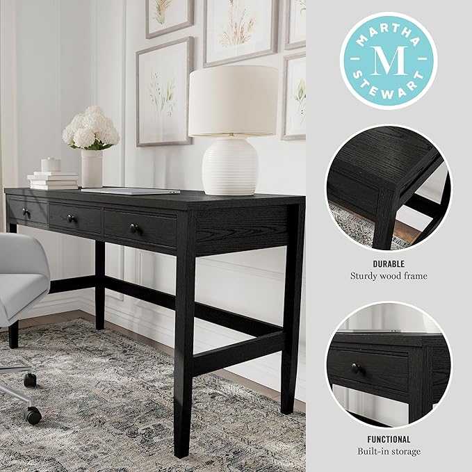 Martha Stewart Rhett Home Office Desk with 3 Drawers and Tapered Legs in Black with Oil Rubbed Bronze Hardware
