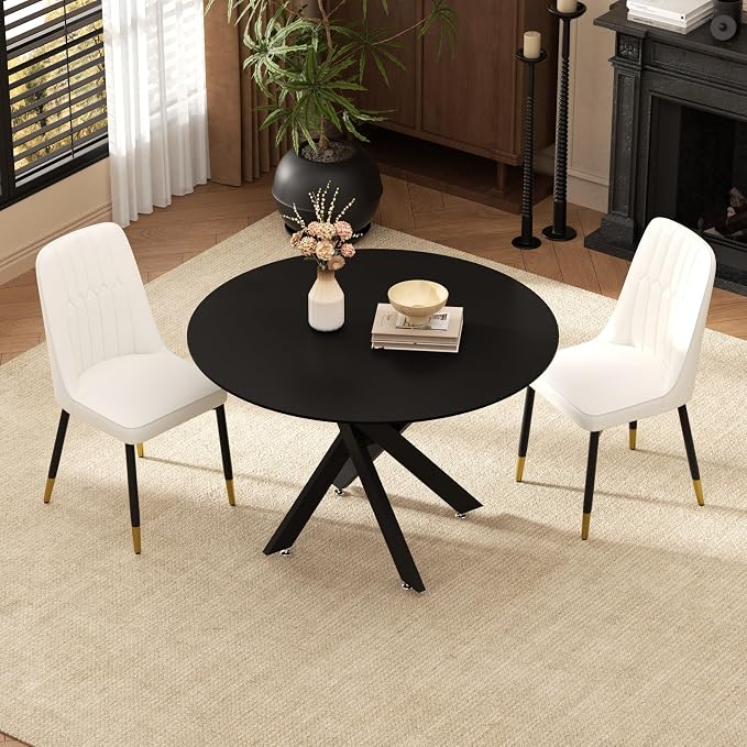 RGZ Mid Century Black Round Dining Table Set for 2, 36" Small Wooden Circle Kitchen Table & 2 White PU Leather Kitchen Chairs, Dinner Table Set for Home, Apartment, Dining Room