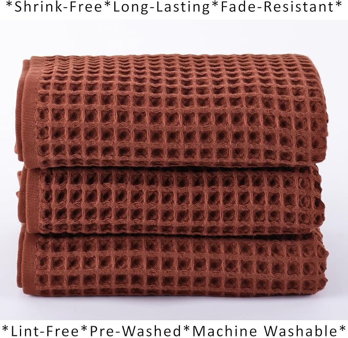PÜSKÜL Natural 100% Turkish Cotton Waffle Kitchen Towels Set of 3 | Oeko-Tex, Premium Waffle Hand Towels for Bathroom | Soft Absorbent Quick-Dry Lint-Free Dish Towel Large 32x16 inch (3, Brick)