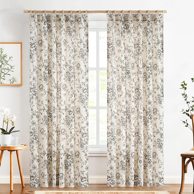 jinchan Pinch Pleated Curtains Floral Linen Blend Curtains for Living Room 84 Inches Length Black Peony Flower Printed Curtain Rod Pocket Back Tab Farmhouse Pinch Pleat Drapes with Hooks Set 2 Panels