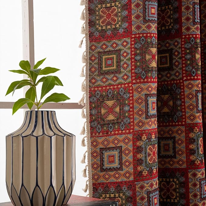 ENJOYBRIDAL Patchwork 63 Inch Curtains for Living Room Boho Drapes Bedroom Jacquard Bohemian Short Window Curtains 2 Panel Sets Semi Sheer Rod Pocket Red Cute Geometric Patterned Window Treatments