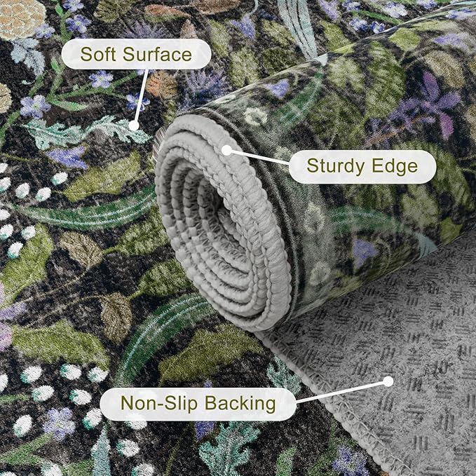 AMTOVO 9x12 Washable Area Rugs for Living Room, Non-Slip&Non-Shedding Floral Large Soft Boho Vintage Print Carpet for Bedroom Girls Room Dorm Dining Room Farmhouse Nursery Home Office, Black
