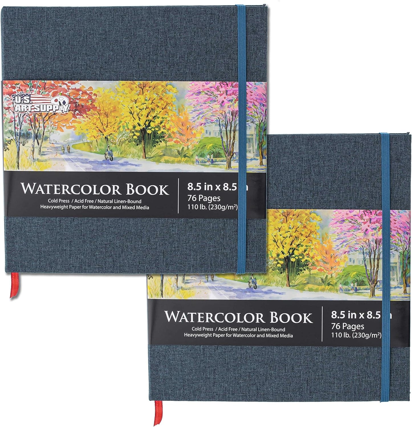 U.S. Art Supply Watercolor Book - 8.5" x 8.5" Linen-Bound Hardcover, 76 Sheets Each, Acid-Free Paper