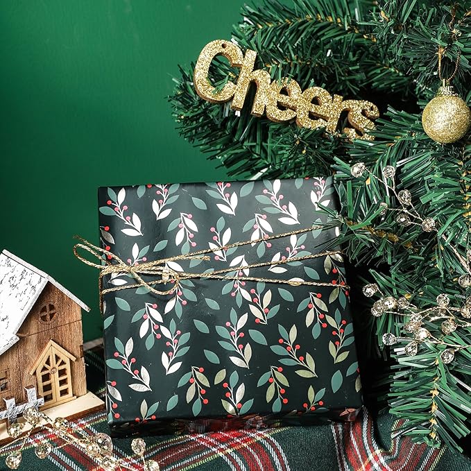 LeZakaa Green Christmas Wrapping Paper Mini Roll, Reindeer Holly Leaves Geometric Metallic Foil Holiday Gift Wrap, Arts Craft, for Xmas Winter Party, 17 x 120 inches, 3 Rolls