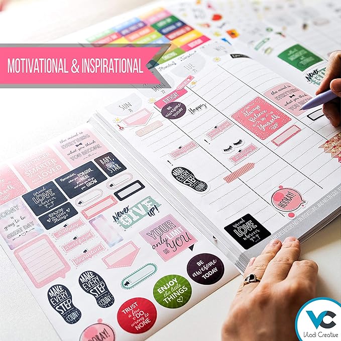 Vladi Creative Planner Stickers - 1054 Pieces, 15 Sheets, Decorative & Productivity-Boosting Colorful Stickers for Journals, Calendars, Scrapbooking, Time Management, & DIY Planner Decoration