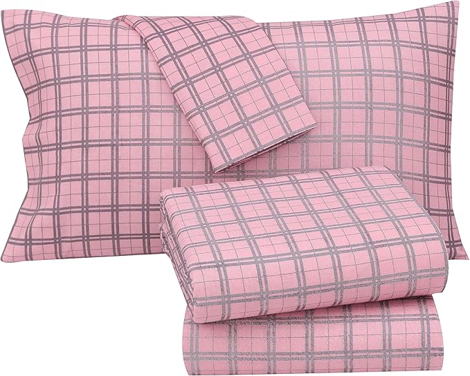 RUVANTI Flannel Sheets Queen Size - 100% Cotton Double Brushed Bed Sheets, Deep Pockets 16 Inches Queen Sheet Set, All Seasons Breathable & Extra Soft - Warm & Cozy, 4 Piece, Check & Bolt Pink