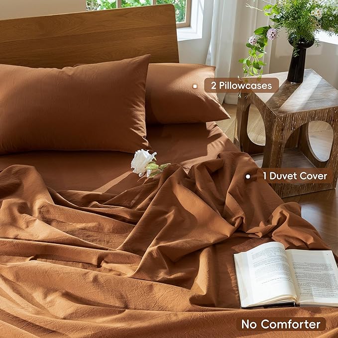 MooMee Bedding Duvet Cover Set 100% Washed Cotton Linen Like Textured Breathable Durable Soft Comfy (Solid Dark Orange, Super Queen 90"x98")