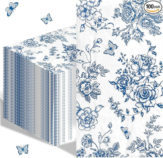 100pcs Blue Floral Napkins Disposable Hand Towels for Bathroom 3 Ply Blue and White Guest Decorative Paper Napkins for Bridal Tea Wedding Birthday Party Supplies Table Decorations