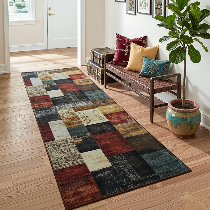 Tepook Modern Runner Rug for Living Room, 2x6 Washable Rugs for Bedroom Hallway, Geometric Patchwork Runner Rug Non-Slip Indoor Throw Carpet for Entryway Kitchen Office Home Decor, Multi