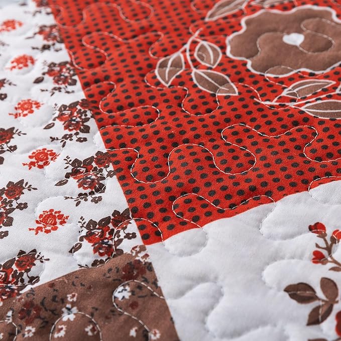 HoneiLife Quilt Set King Size - 3 Piece Microfiber Bedspread Reversible Coverlet Patchwork Bedding Set Lightweight Bedcover Floral Bedspreads All Season Quilts-Amaranth Red